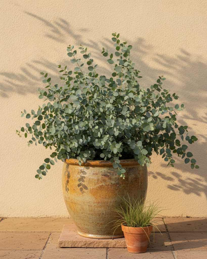 Baby blue eucalyptus in a glazed ceramic pot against a warm cream wall — concept image