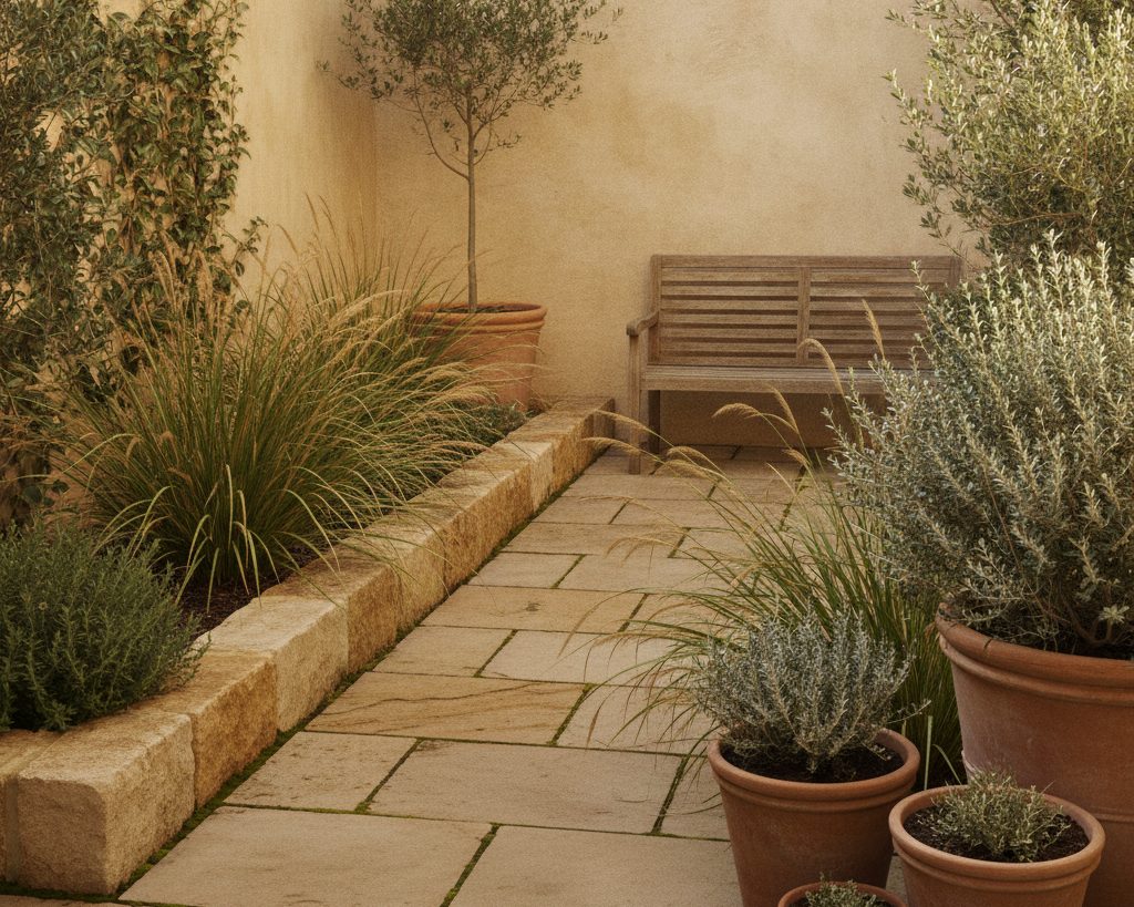 Courtyard garden with sandstone paving, layered native planting and terracotta pots — concept image