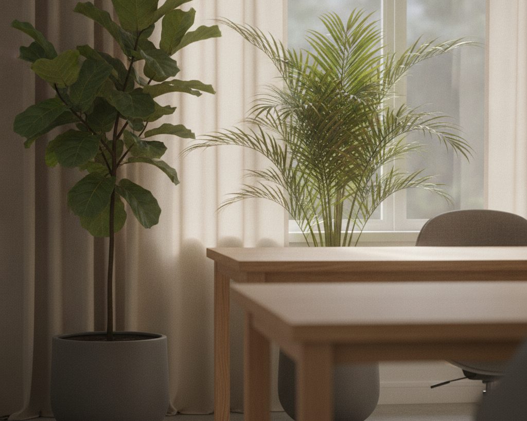 Bright office corner with a fiddle-leaf fig in a charcoal planter and a kentia palm by the window — concept image