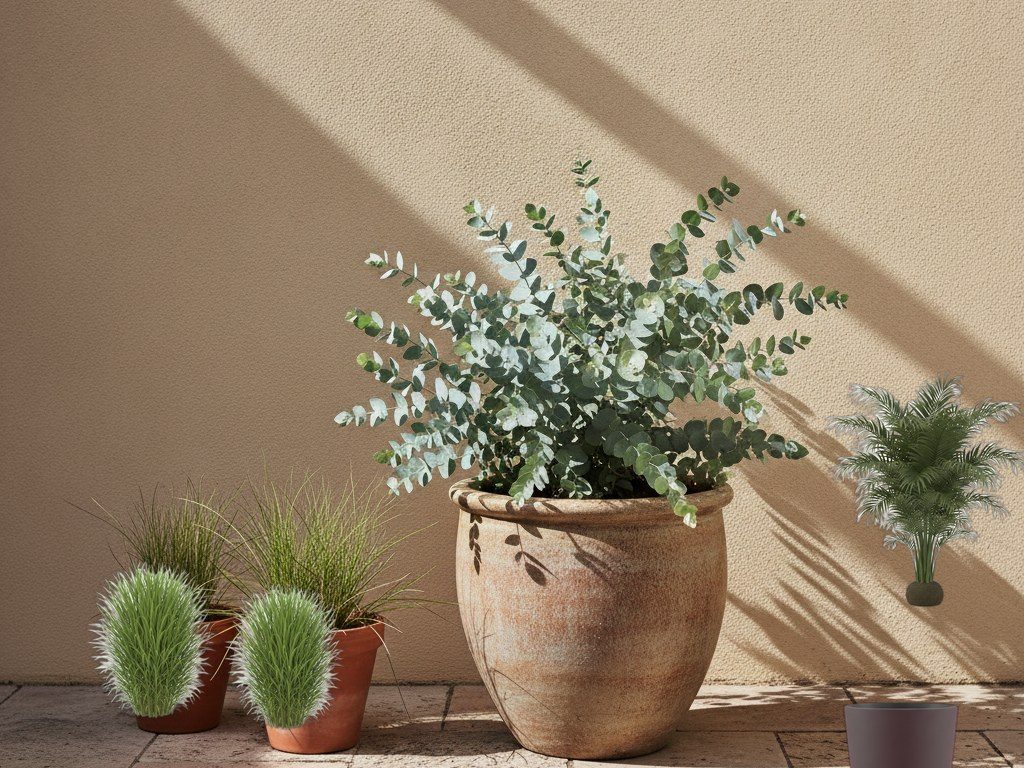 A courtyard photo with cut-out plants and pots arranged on it